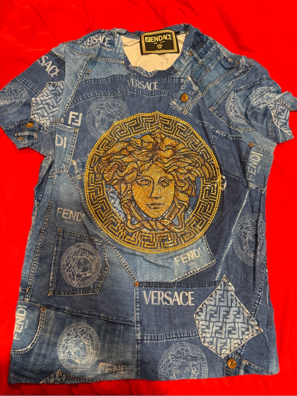 Fendi /Versace Blue Denim-Print Tee with Gold Stud Detail  (Fendace)